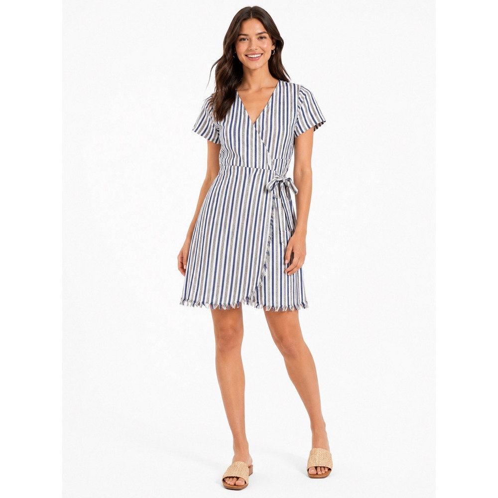 Blu Heaven Blue Grey Striped Wrap Dress Fringed Hem‎ Nautical Hamptons Large